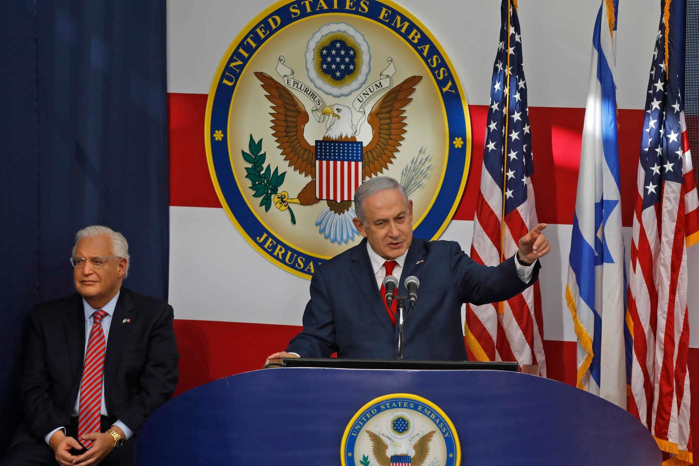 Israel's Prime Minister Benjamin Netanyahu delivers a speech during the opening of the US embassy in Jerusalem on May 14, 2018.
The United States moved its embassy in Israel to Jerusalem after months of global outcry, Palestinian anger and exuberant praise from Israelis over President Donald Trump's decision tossing aside decades of precedent. / AFP PHOTO / MENAHEM KAHANA