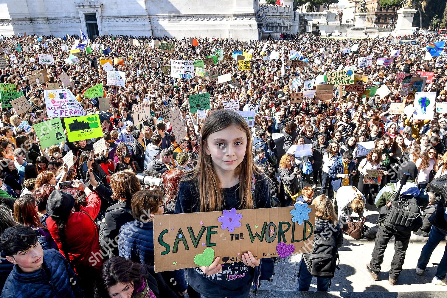Mandatory Credit: Photo by ALESSANDRO DI MEO/EPA-EFE/Shutterstock (10156657e)
Alice Imbastari, the youngest girl who takes part in the demonstration against global warming 'Global Climate Strike', in Rome, Italy, 15 March 2019. Students from several schools across the city are taking part in a massive global student strike movement called '#FridayForFuture' which was sparked by Greta Thunberg of Sweden, a sixteen year old climate activist who has been protesting outside the Swedish parliament every Friday since August 2018.
'Global Climate Strike' rally in Rome, Italy - 15 Mar 2019