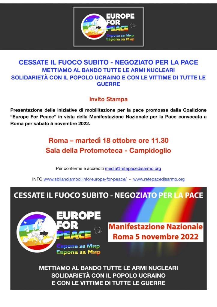Invito Conferenza Stampa Europe For Peace ottobre novembre 2022