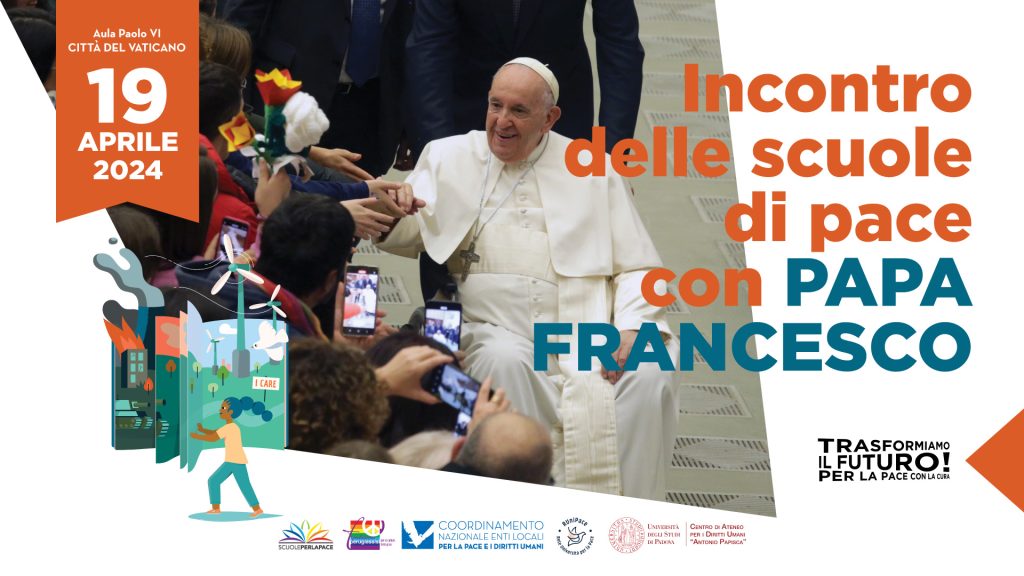 Venerdì 19 aprile 2024, nell’Aula Paolo VI della Città del Vaticano, Papa Francesco incontrerà 6000 studenti, insegnanti e dirigenti scolastici della Rete nazionale delle Scuole di pace. In tutto 137 scuole di 94 città e 18 regioni,