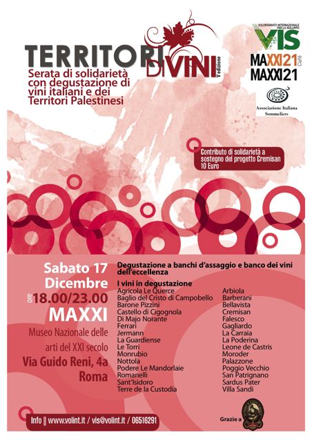 Torna Territori diVini. La serata di solidarietà con degustazioni di vini italiani e palestinesi
